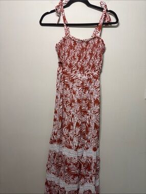 Sincerely Jules Rust Red & White Leaf-Print Tie-Strap Maxi Dress